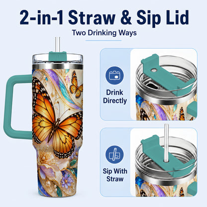 #pl[40oz|Green] Orange Butterfly 40oz Tumbler, Floral Gold, Stainless Steel Travel Cup