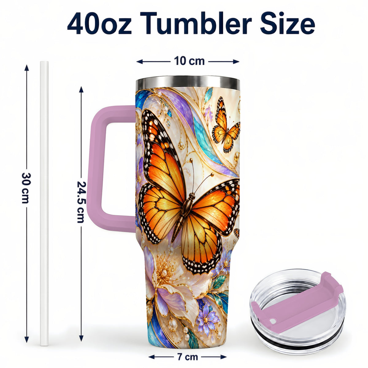 #pl[40oz|Pink] Orange Butterfly 40oz Tumbler, Floral Gold, Stainless Steel Travel Cup