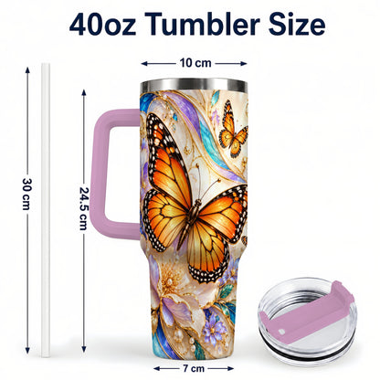 #pl[40oz|Pink] Orange Butterfly 40oz Tumbler, Floral Gold, Stainless Steel Travel Cup
