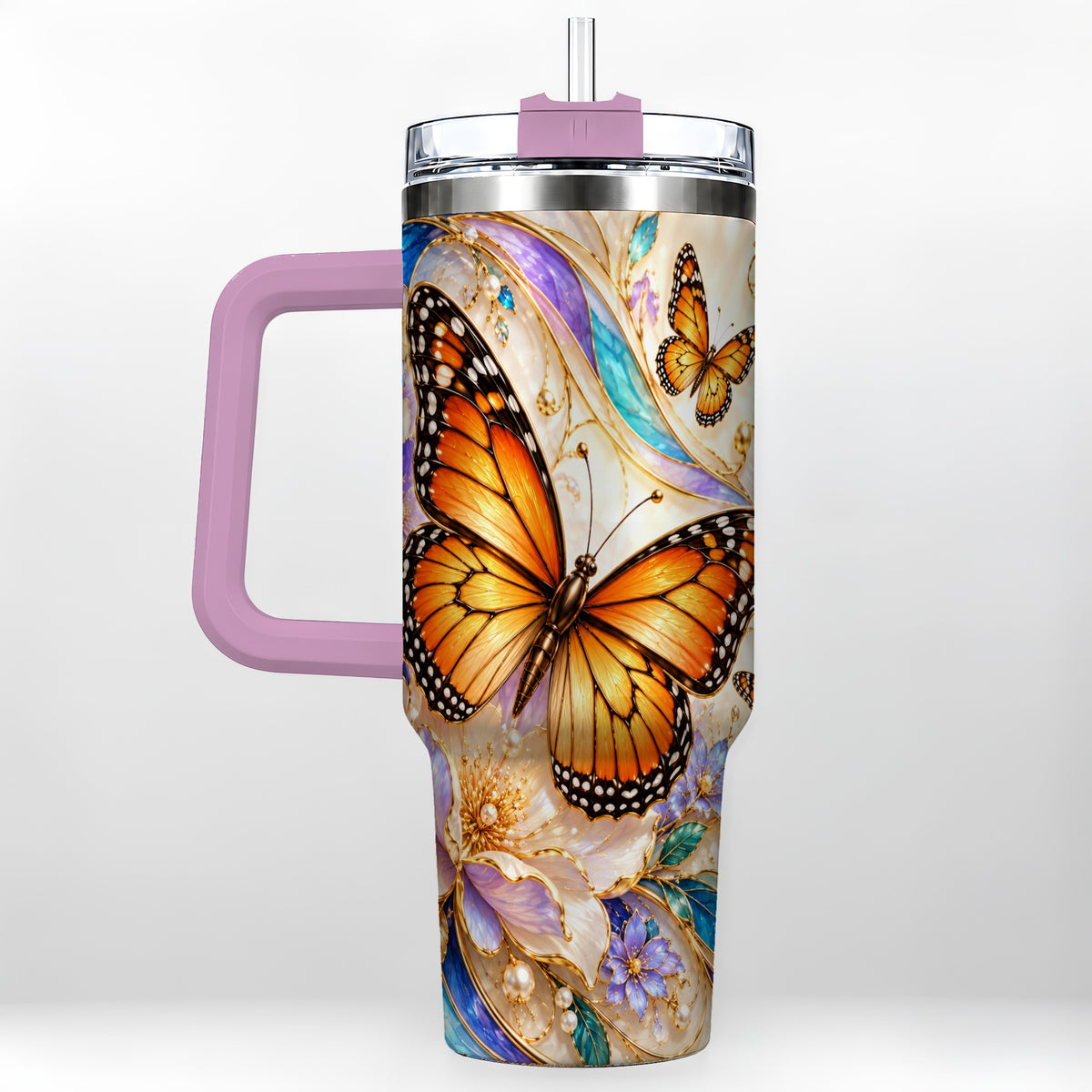 #pl[40oz|Pink] Orange Butterfly 40oz Tumbler, Floral Gold, Stainless Steel Travel Cup