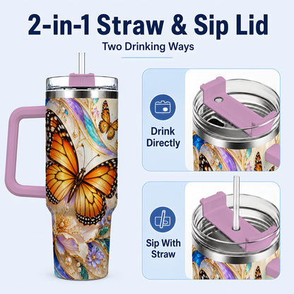 #pl[40oz|Pink] Orange Butterfly 40oz Tumbler, Floral Gold, Stainless Steel Travel Cup
