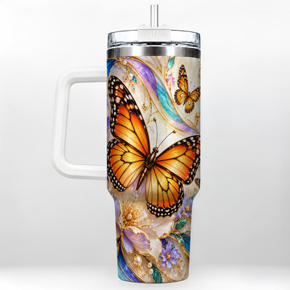 Orange Butterfly 40oz Tumbler, Floral Gold, Stainless Steel Travel Cup