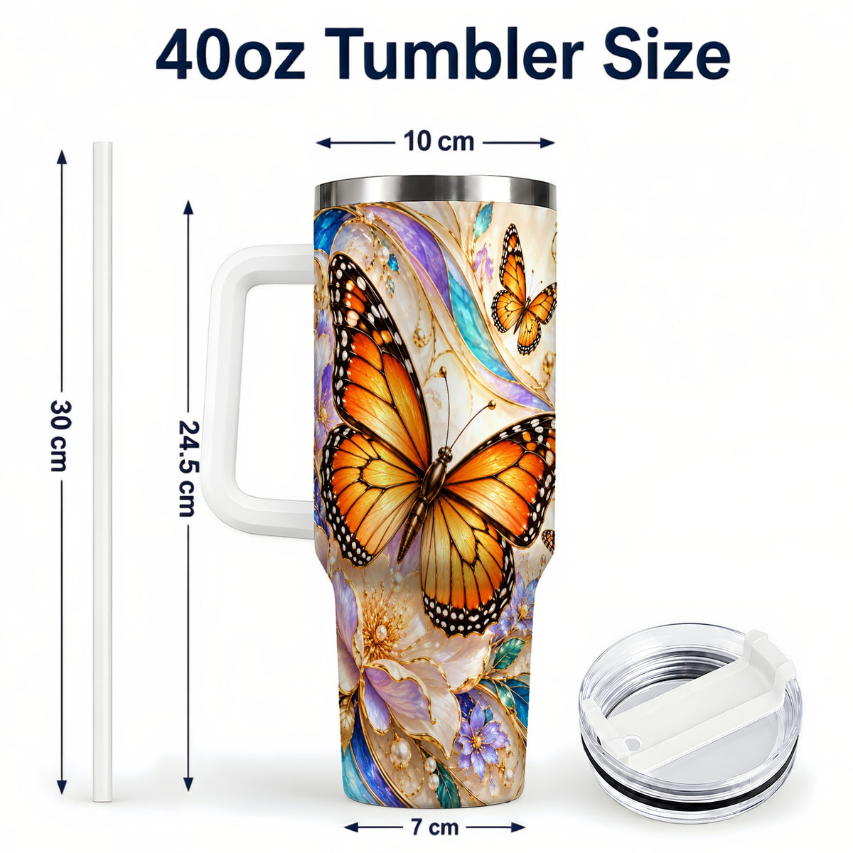 #pl[40oz|White] Orange Butterfly 40oz Tumbler, Floral Gold, Stainless Steel Travel Cup