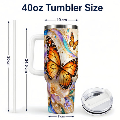 #pl[40oz|White] Orange Butterfly 40oz Tumbler, Floral Gold, Stainless Steel Travel Cup