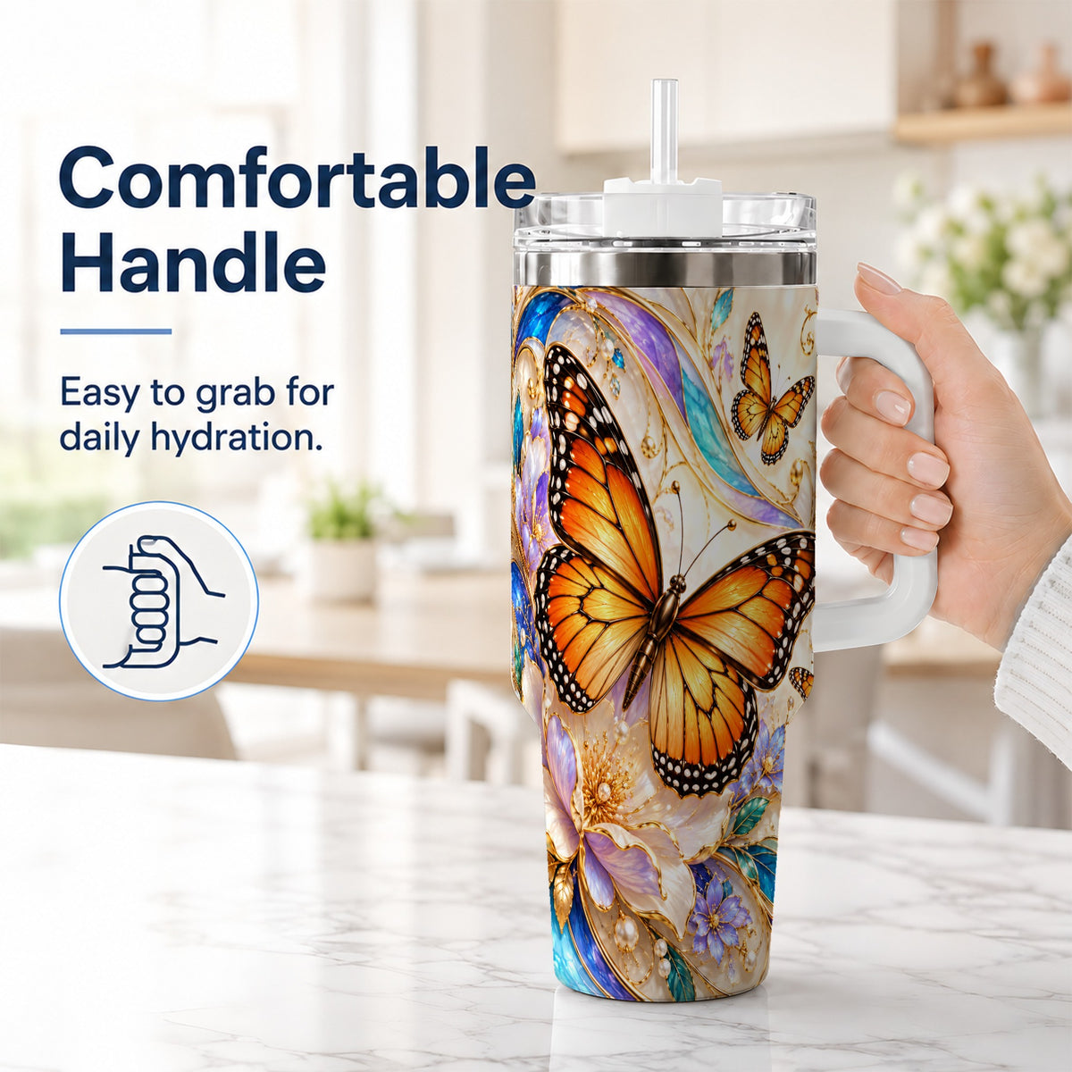 #pl[40oz|White] Orange Butterfly 40oz Tumbler, Floral Gold, Stainless Steel Travel Cup