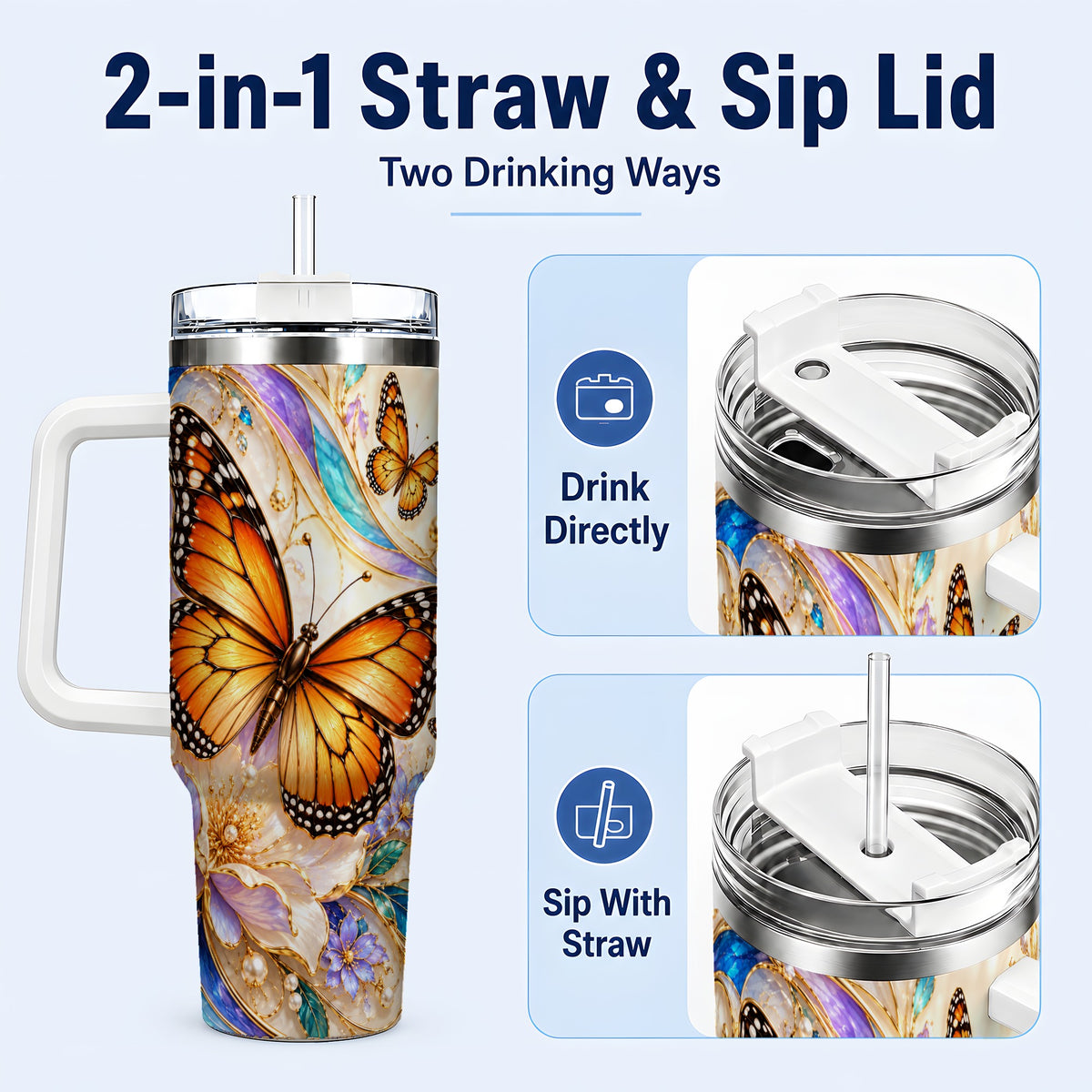 #pl[40oz|White] Orange Butterfly 40oz Tumbler, Floral Gold, Stainless Steel Travel Cup