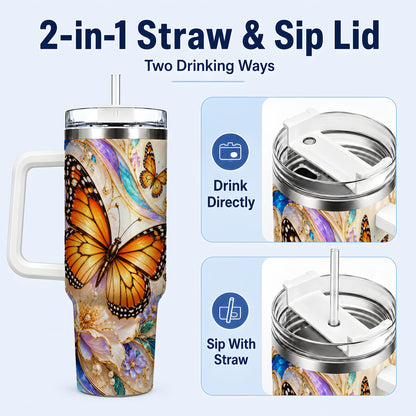 #pl[40oz|White] Orange Butterfly 40oz Tumbler, Floral Gold, Stainless Steel Travel Cup