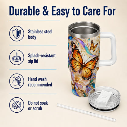 Orange Butterfly 40oz Tumbler, Floral Gold, Stainless Steel Travel Cup