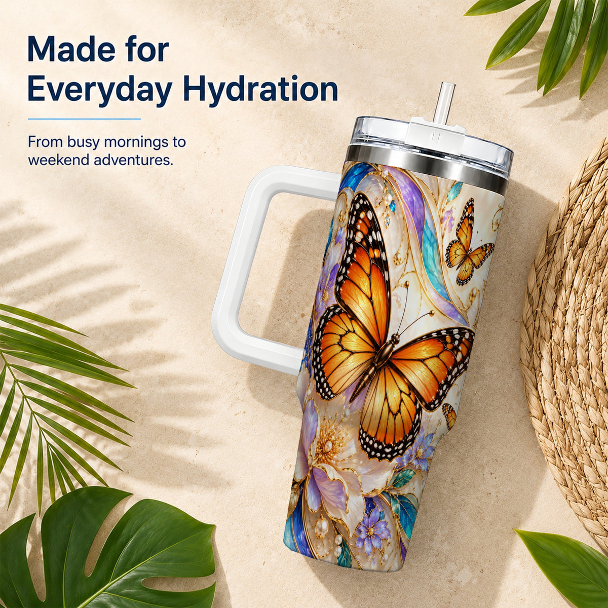 Orange Butterfly 40oz Tumbler, Floral Gold, Stainless Steel Travel Cup