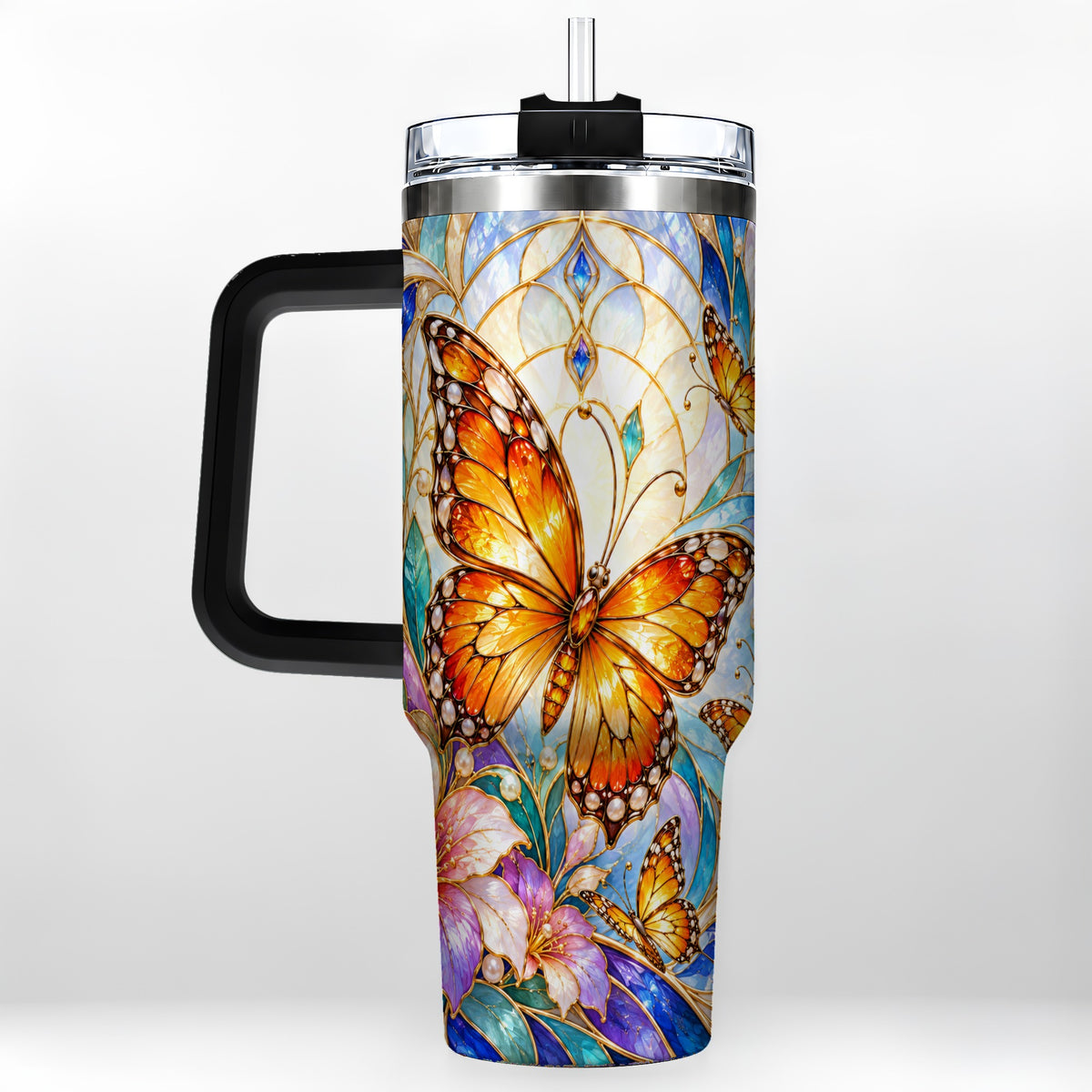 #pl[40oz|Black] Orange Butterfly 40oz Tumbler, Stained Glass, Stainless Steel Travel Cup