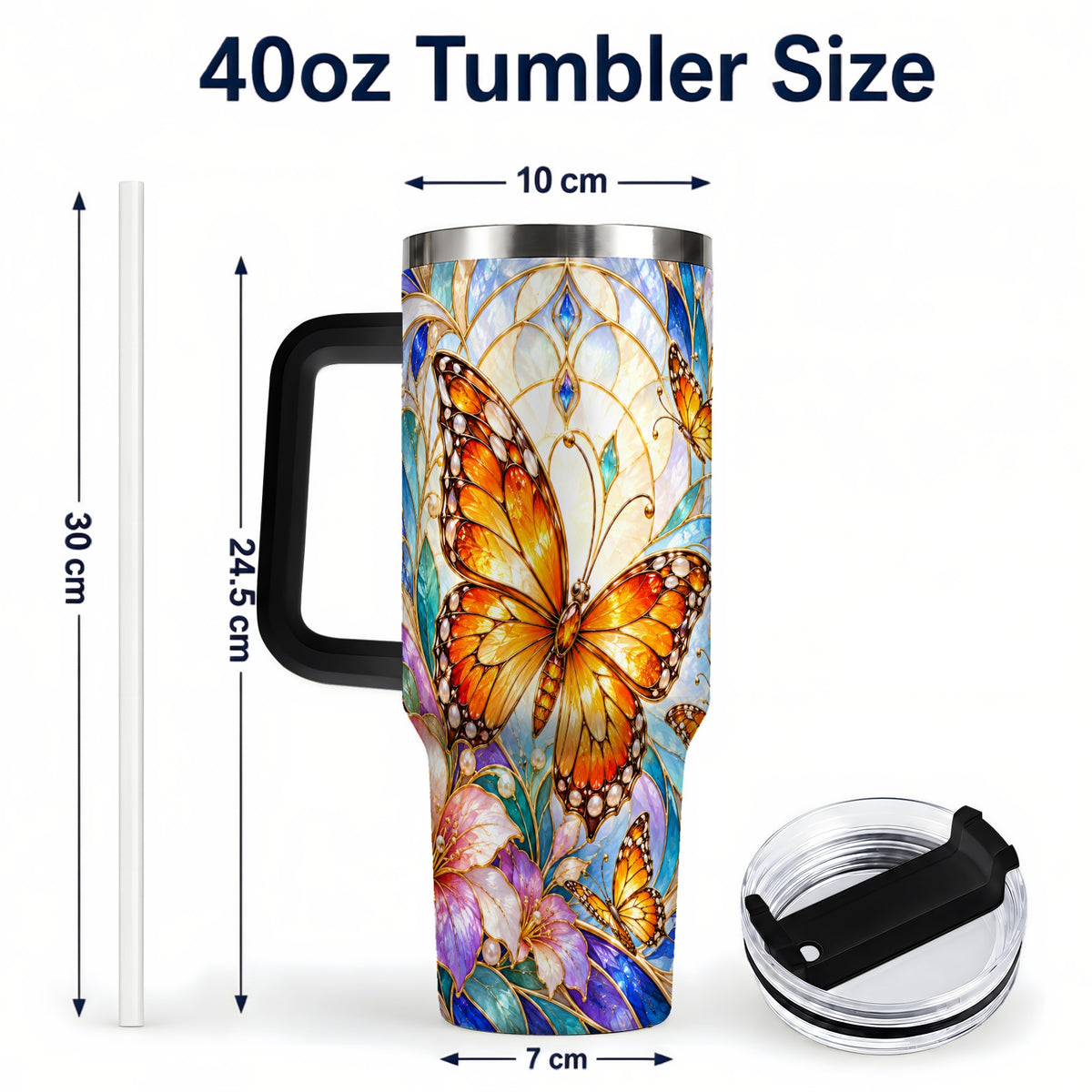 #pl[40oz|Black] Orange Butterfly 40oz Tumbler, Stained Glass, Stainless Steel Travel Cup