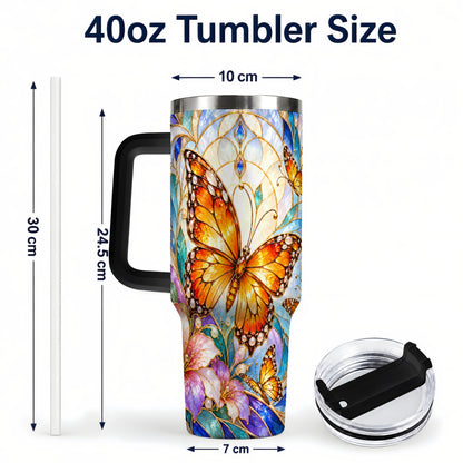 #pl[40oz|Black] Orange Butterfly 40oz Tumbler, Stained Glass, Stainless Steel Travel Cup