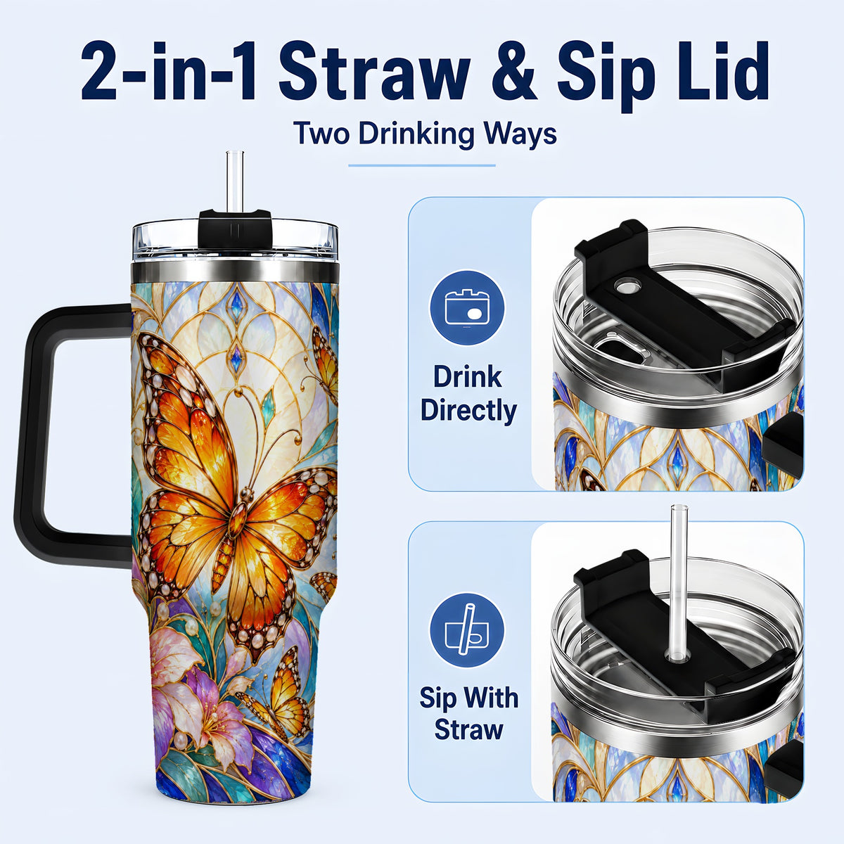 #pl[40oz|Black] Orange Butterfly 40oz Tumbler, Stained Glass, Stainless Steel Travel Cup