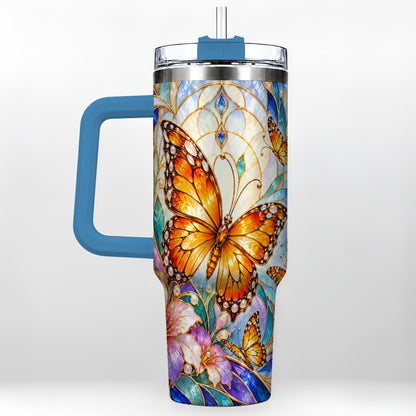 #pl[40oz|Blue] Orange Butterfly 40oz Tumbler, Stained Glass, Stainless Steel Travel Cup