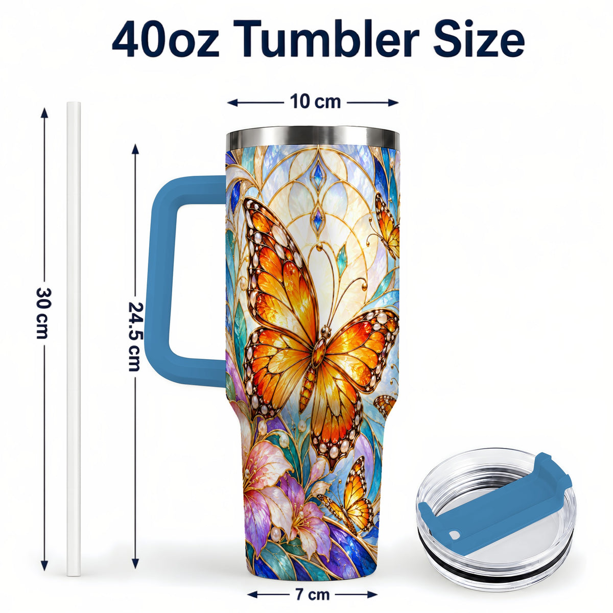 #pl[40oz|Blue] Orange Butterfly 40oz Tumbler, Stained Glass, Stainless Steel Travel Cup