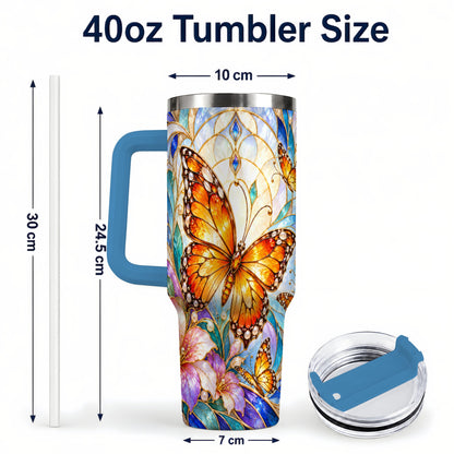 #pl[40oz|Blue] Orange Butterfly 40oz Tumbler, Stained Glass, Stainless Steel Travel Cup