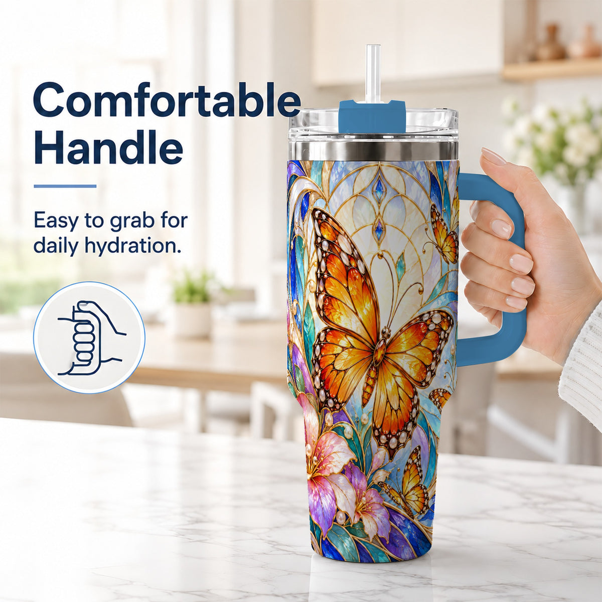 #pl[40oz|Blue] Orange Butterfly 40oz Tumbler, Stained Glass, Stainless Steel Travel Cup