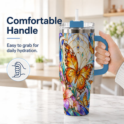 #pl[40oz|Blue] Orange Butterfly 40oz Tumbler, Stained Glass, Stainless Steel Travel Cup