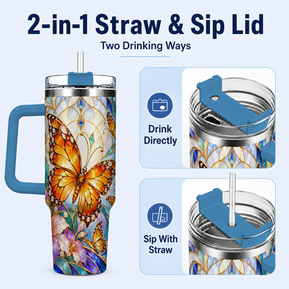 #pl[40oz|Blue] Orange Butterfly 40oz Tumbler, Stained Glass, Stainless Steel Travel Cup