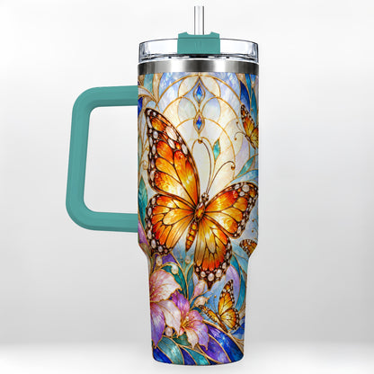 #pl[40oz|Green] Orange Butterfly 40oz Tumbler, Stained Glass, Stainless Steel Travel Cup
