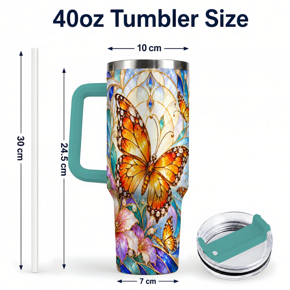 #pl[40oz|Green] Orange Butterfly 40oz Tumbler, Stained Glass, Stainless Steel Travel Cup