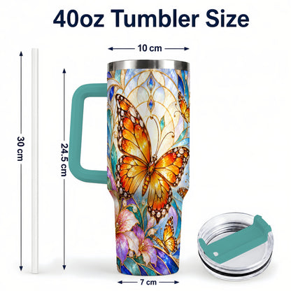 #pl[40oz|Green] Orange Butterfly 40oz Tumbler, Stained Glass, Stainless Steel Travel Cup