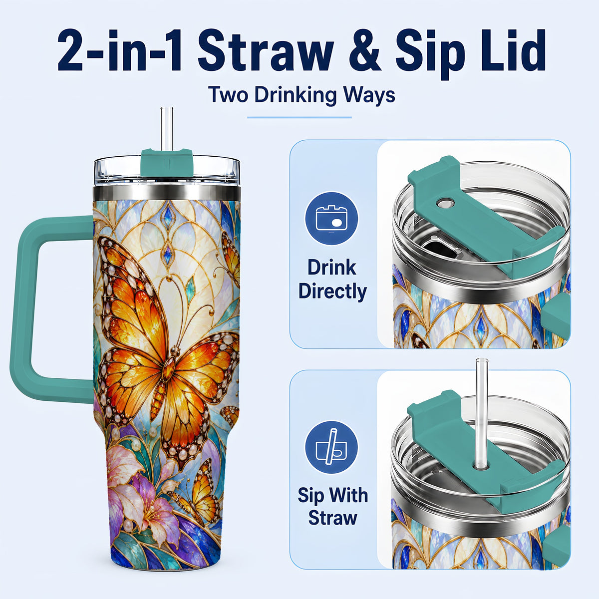#pl[40oz|Green] Orange Butterfly 40oz Tumbler, Stained Glass, Stainless Steel Travel Cup