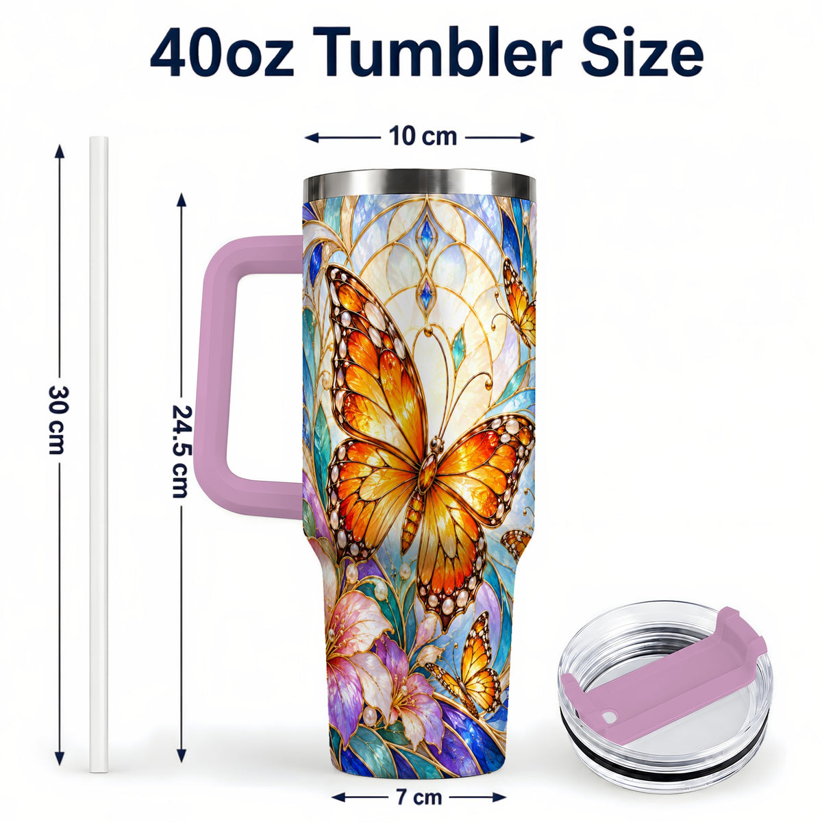 #pl[40oz|Pink] Orange Butterfly 40oz Tumbler, Stained Glass, Stainless Steel Travel Cup