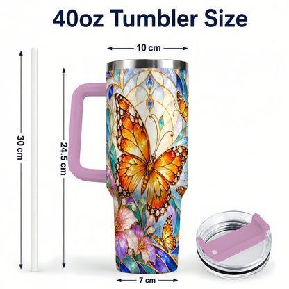 #pl[40oz|Pink] Orange Butterfly 40oz Tumbler, Stained Glass, Stainless Steel Travel Cup