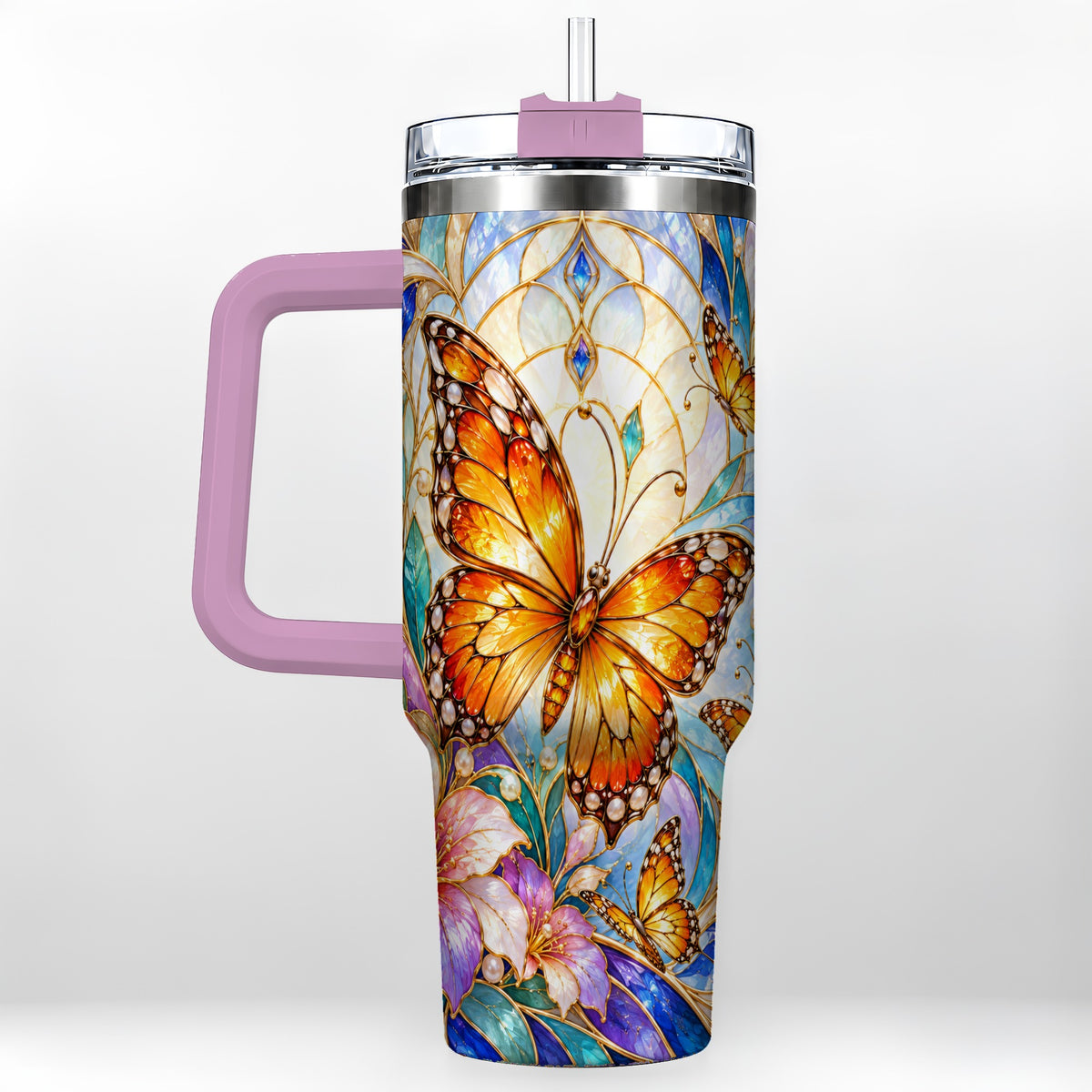 #pl[40oz|Pink] Orange Butterfly 40oz Tumbler, Stained Glass, Stainless Steel Travel Cup