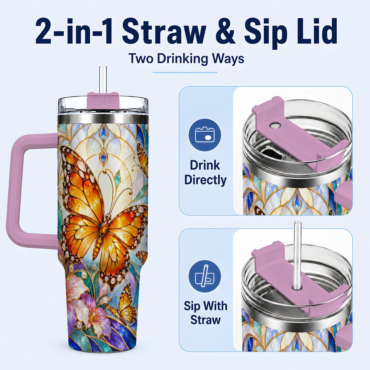 #pl[40oz|Pink] Orange Butterfly 40oz Tumbler, Stained Glass, Stainless Steel Travel Cup