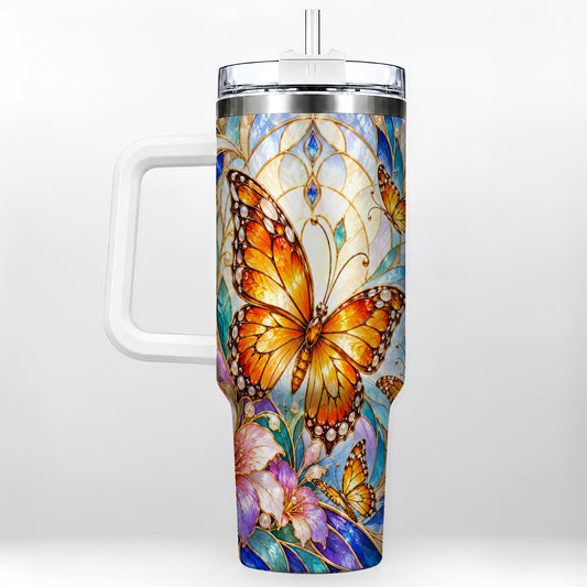 Orange Butterfly 40oz Tumbler, Stained Glass, Stainless Steel Travel Cup