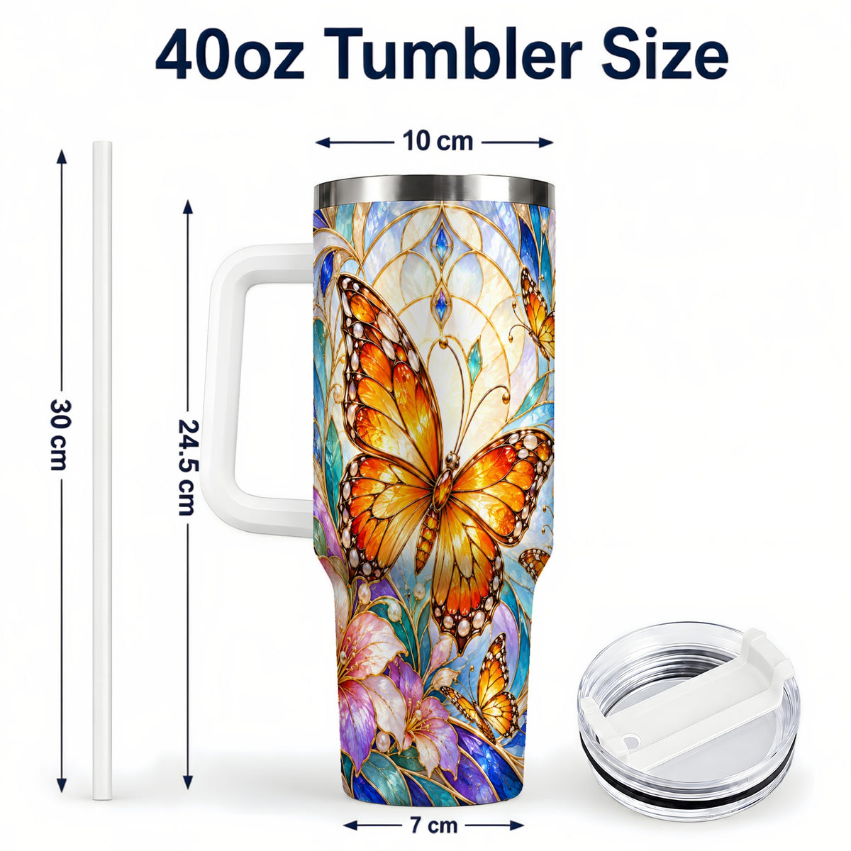 #pl[40oz|White] Orange Butterfly 40oz Tumbler, Stained Glass, Stainless Steel Travel Cup