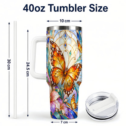 #pl[40oz|White] Orange Butterfly 40oz Tumbler, Stained Glass, Stainless Steel Travel Cup
