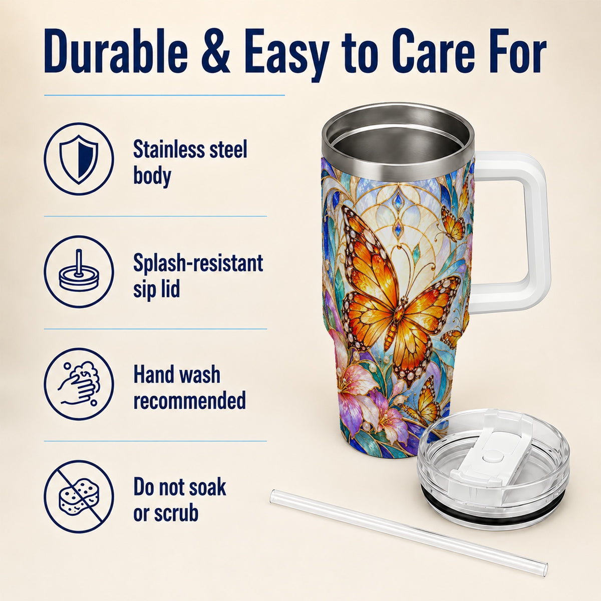 Orange Butterfly 40oz Tumbler, Stained Glass, Stainless Steel Travel Cup