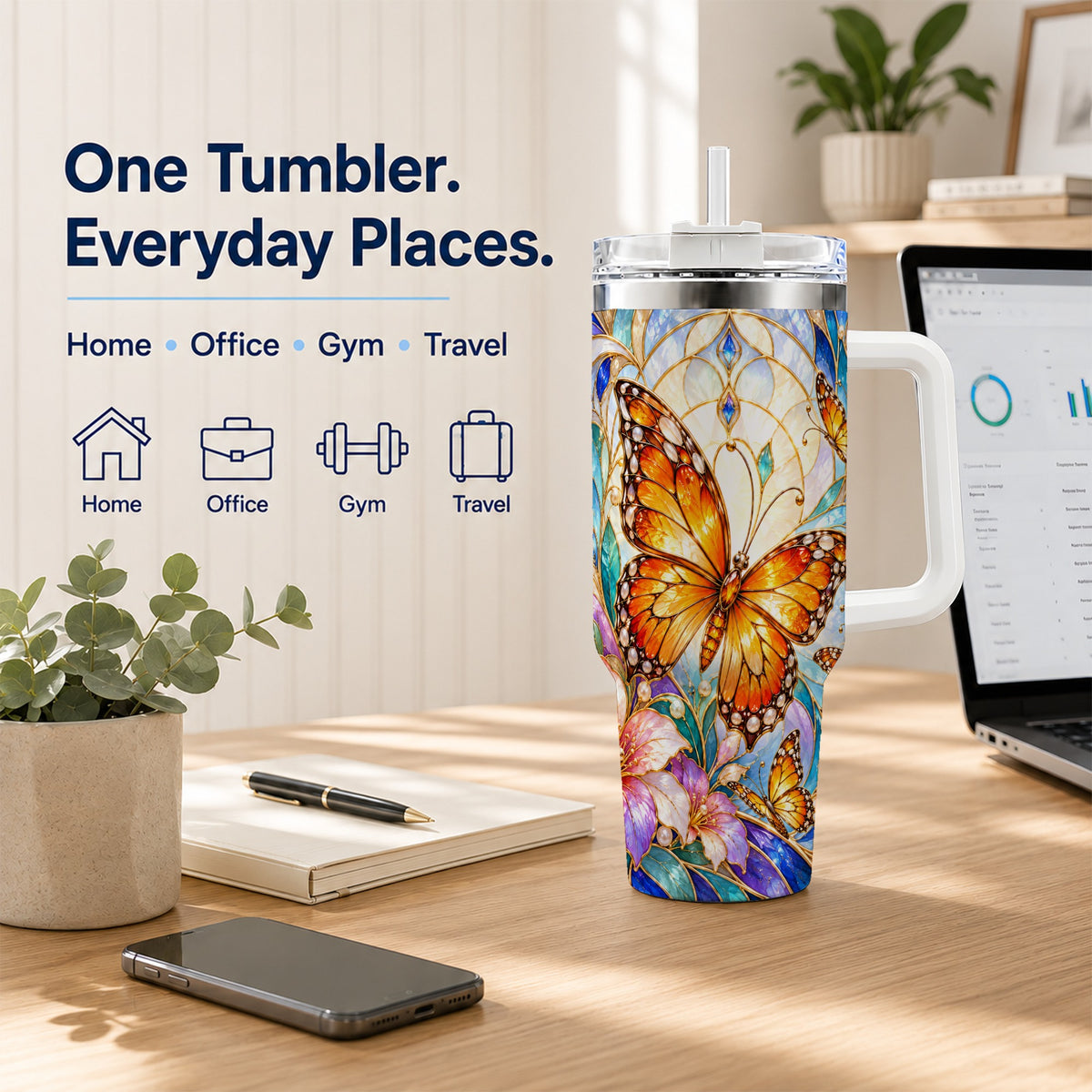 Orange Butterfly 40oz Tumbler, Stained Glass, Stainless Steel Travel Cup