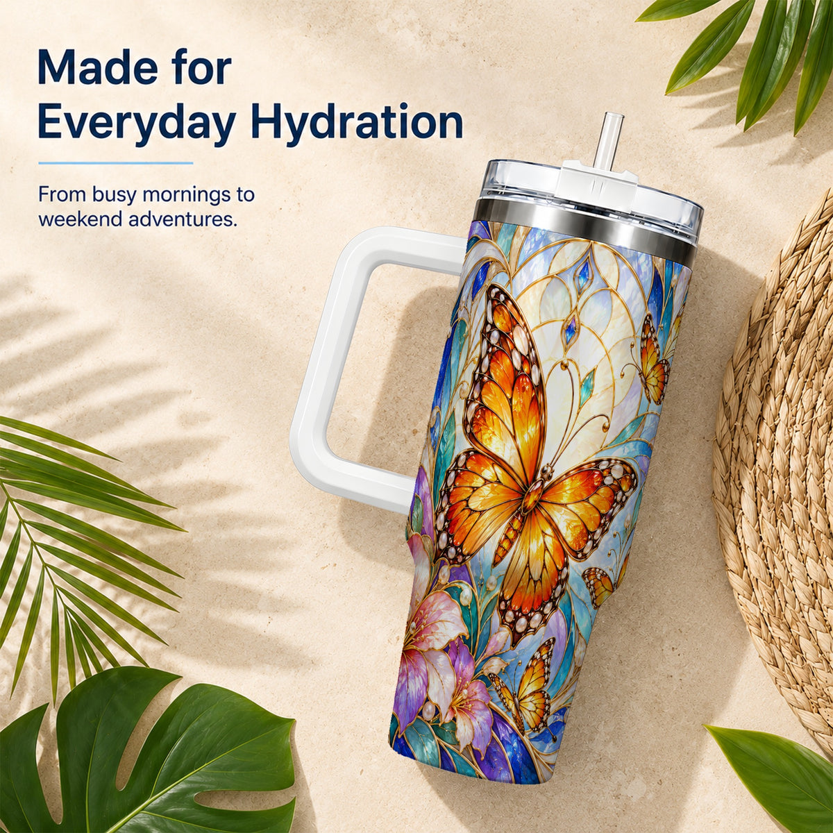 Orange Butterfly 40oz Tumbler, Stained Glass, Stainless Steel Travel Cup