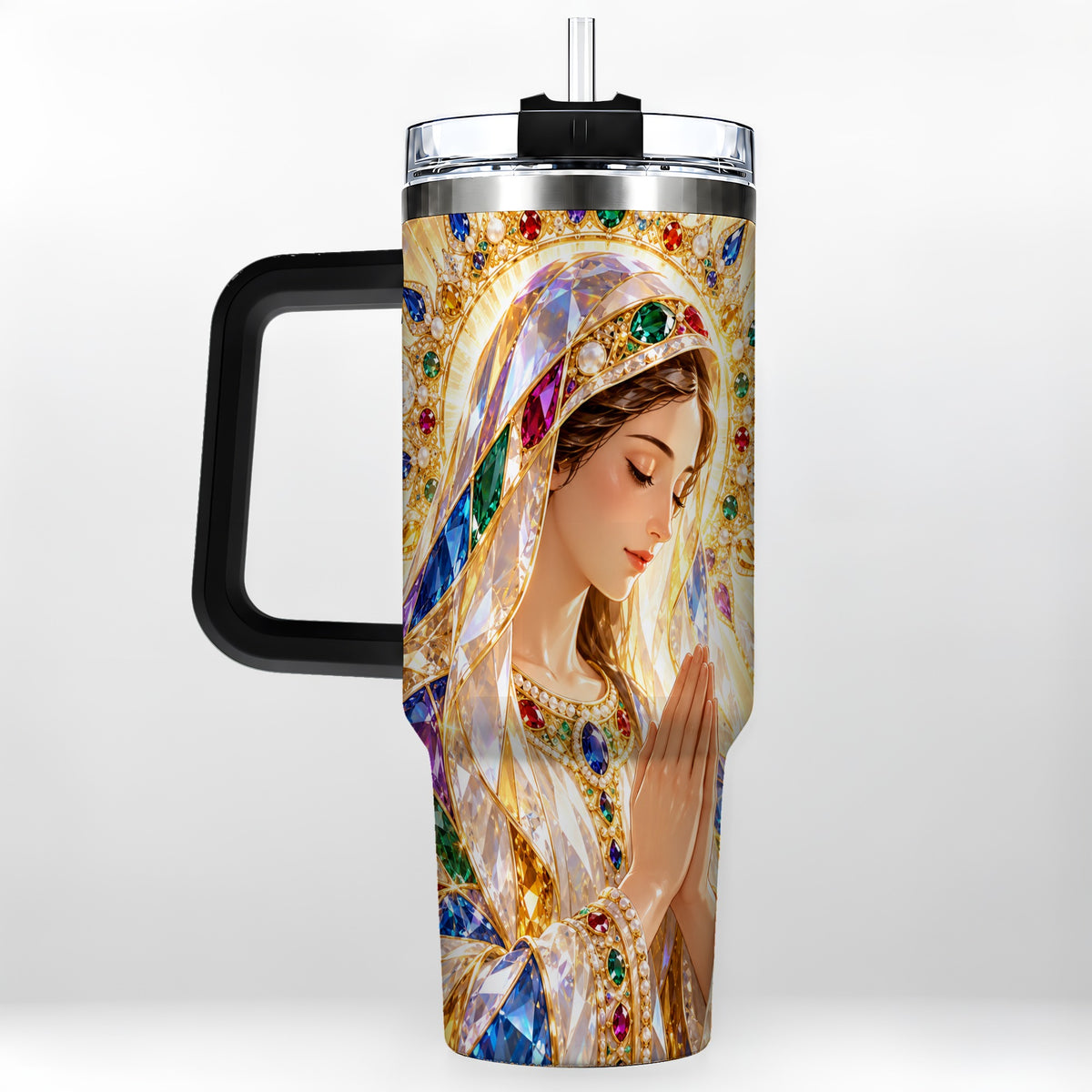 #pl[40oz|Black] Jeweled Mother Tumbler 40oz, Sacred Art Tumbler, Stainless Steel Travel Cup