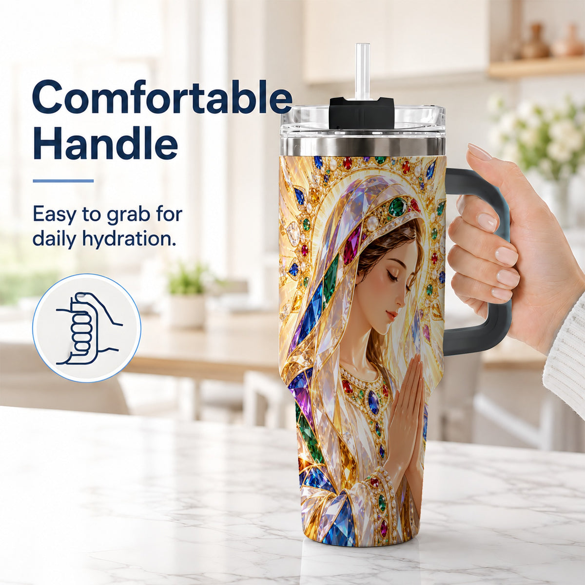 #pl[40oz|Black] Jeweled Mother Tumbler 40oz, Sacred Art Tumbler, Stainless Steel Travel Cup