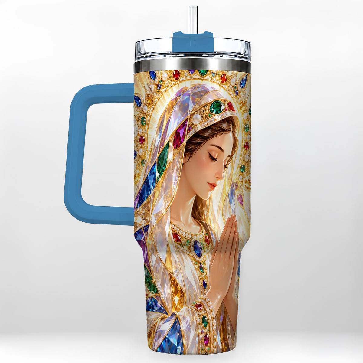 #pl[40oz|Blue] Jeweled Mother Tumbler 40oz, Sacred Art Tumbler, Stainless Steel Travel Cup