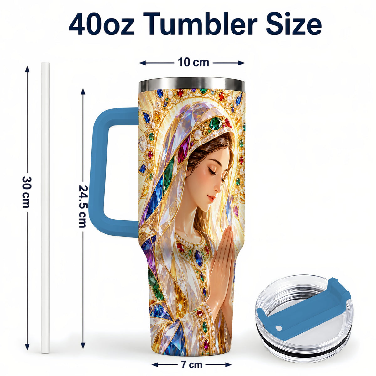 #pl[40oz|Blue] Jeweled Mother Tumbler 40oz, Sacred Art Tumbler, Stainless Steel Travel Cup