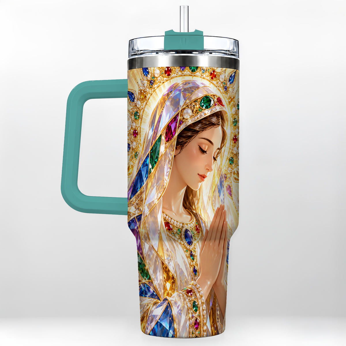 #pl[40oz|Green] Jeweled Mother Tumbler 40oz, Sacred Art Tumbler, Stainless Steel Travel Cup
