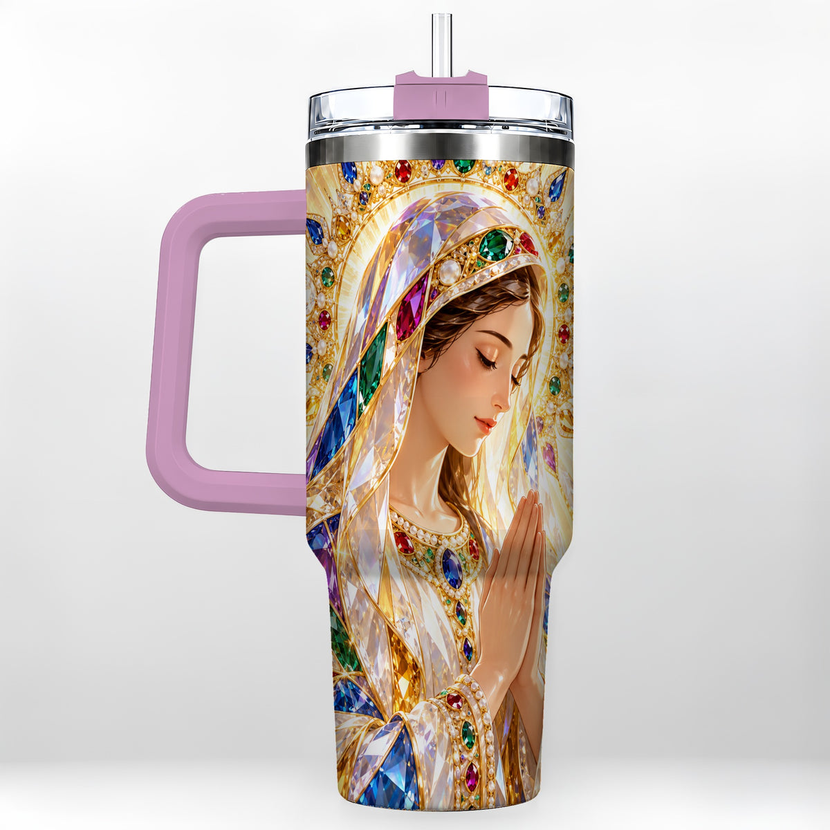 #pl[40oz|Pink] Jeweled Mother Tumbler 40oz, Sacred Art Tumbler, Stainless Steel Travel Cup