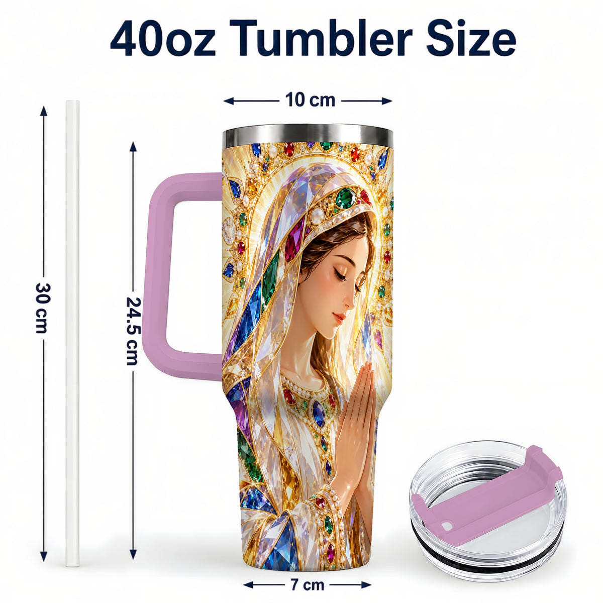#pl[40oz|Pink] Jeweled Mother Tumbler 40oz, Sacred Art Tumbler, Stainless Steel Travel Cup