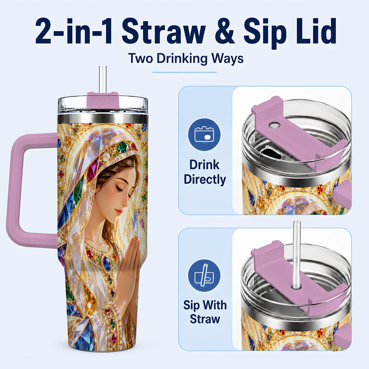#pl[40oz|Pink] Jeweled Mother Tumbler 40oz, Sacred Art Tumbler, Stainless Steel Travel Cup