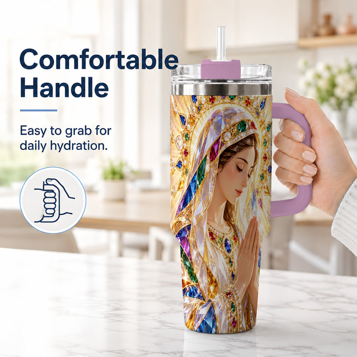 #pl[40oz|Pink] Jeweled Mother Tumbler 40oz, Sacred Art Tumbler, Stainless Steel Travel Cup