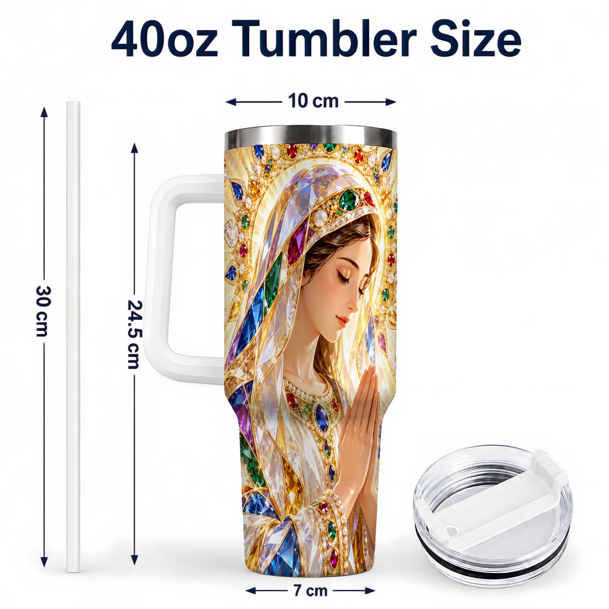 #pl[40oz|White] Jeweled Mother Tumbler 40oz, Sacred Art Tumbler, Stainless Steel Travel Cup