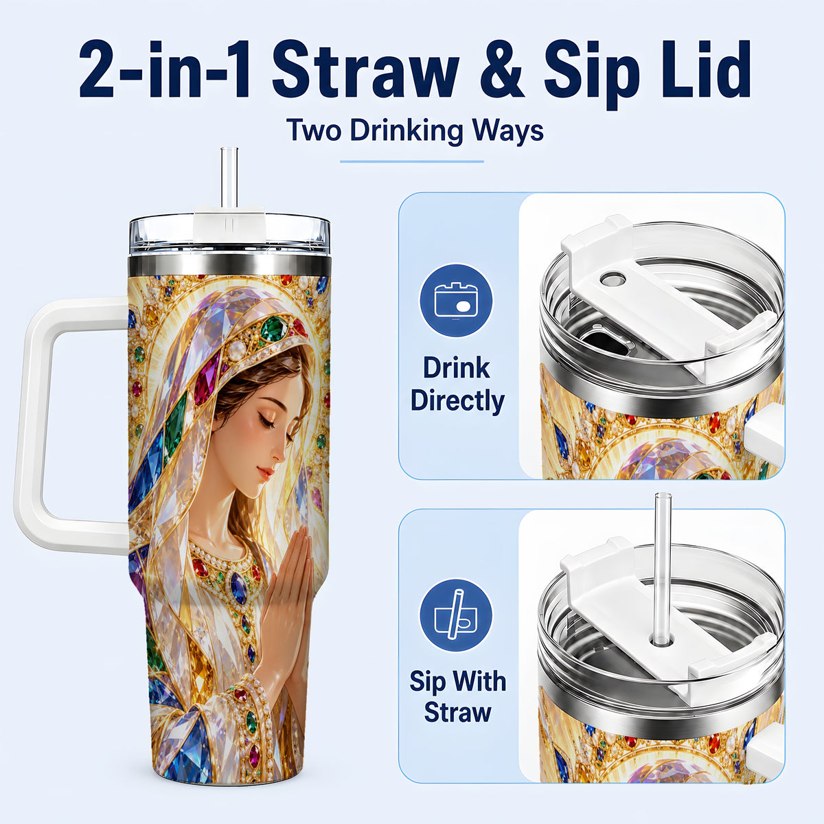 #pl[40oz|White] Jeweled Mother Tumbler 40oz, Sacred Art Tumbler, Stainless Steel Travel Cup