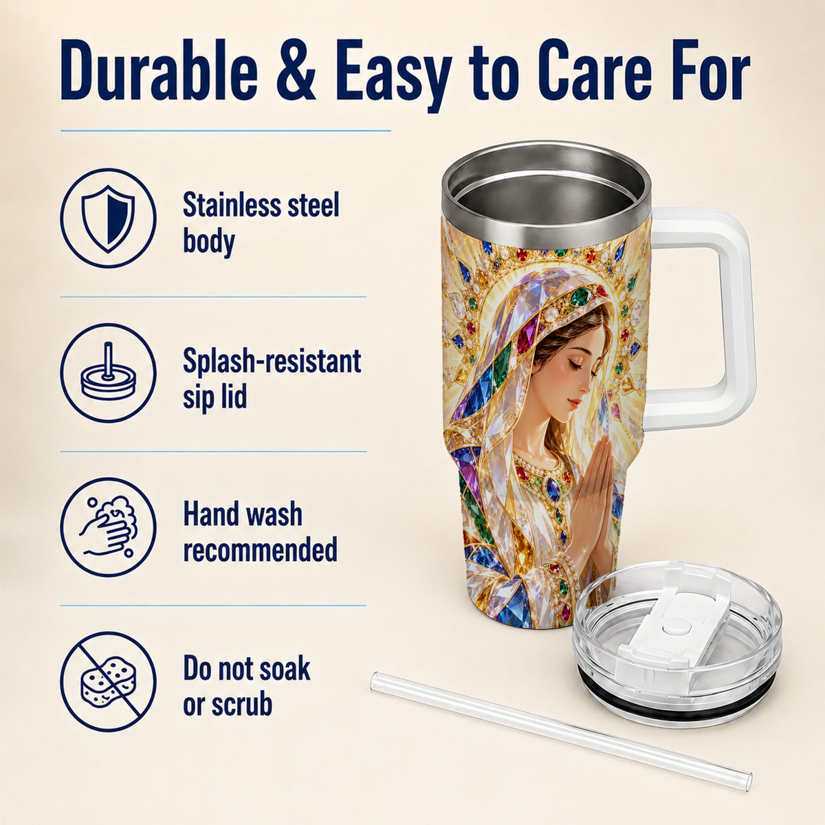 Jeweled Mother Tumbler 40oz, Sacred Art Tumbler, Stainless Steel Travel Cup