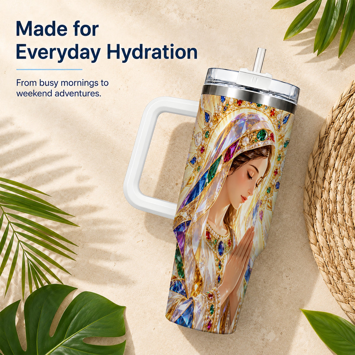 Jeweled Mother Tumbler 40oz, Sacred Art Tumbler, Stainless Steel Travel Cup
